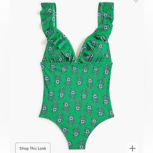 NWT Green J. Crew Floral ruffle shoulder V neck one piece swimsuit Size L